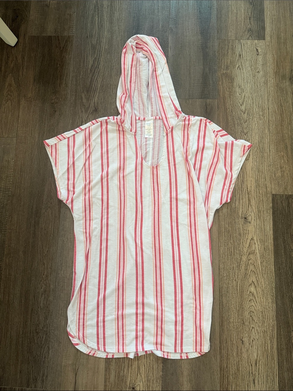 Time and Tru Pink and White Striped Hooded Swim Coverup